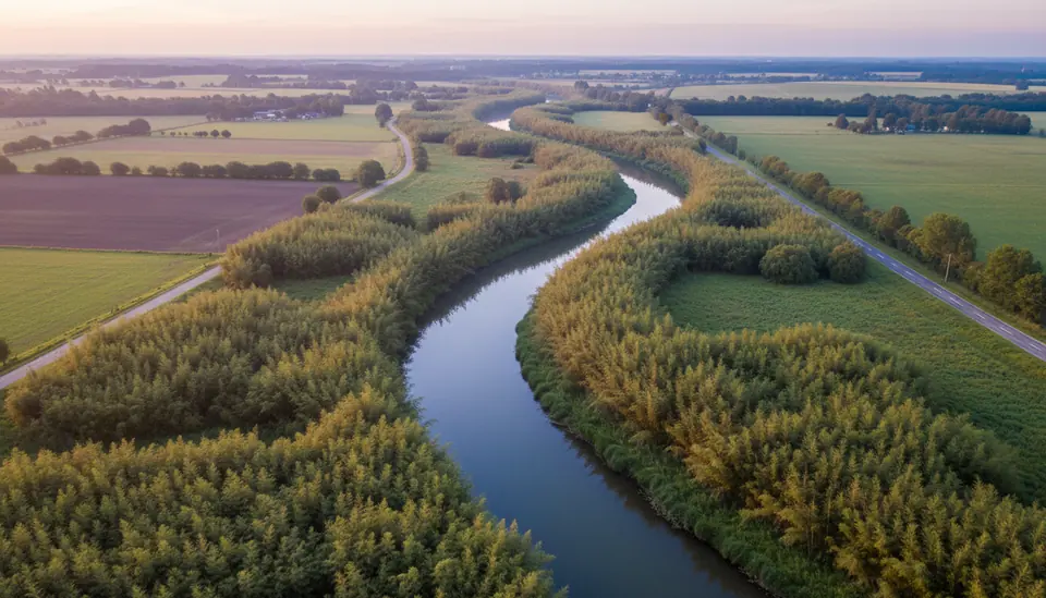 Illustration: a river seen from the air at dawn, its banks overgrown with dense stands of knotweed.