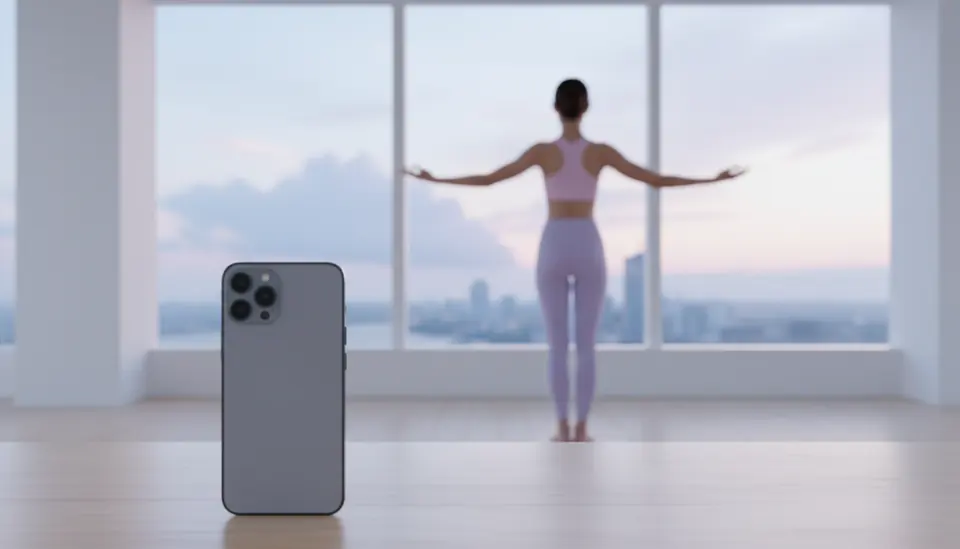 Illustration: a phone stands on a table, facing a woman a few metres away who holds her arms out from her body.