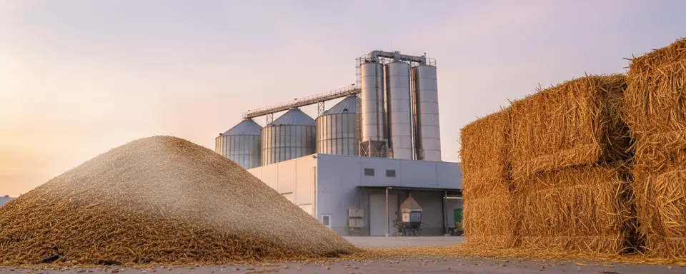 Illustration: a heap of spent grain and stacked straw bales at dawn, in front of a food-processing plant with tall silos.